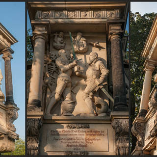 Moritzmonument, Mittelteil mit Kurfürst Moritz (li) und Kurfürst August, seitlich deren Ehefrauen